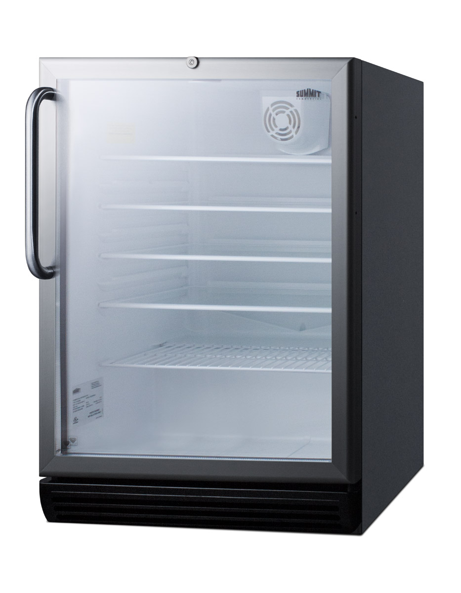 Commercially listed ADA compliant built-in undercounter beverage center with black cabinet, glass door, towel bar handle, and lock